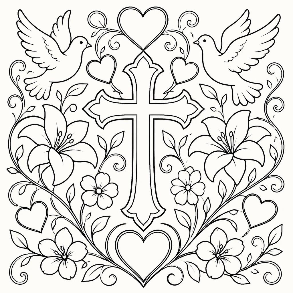 A coloring page of a cross surrounded by doves, hearts, and lilies